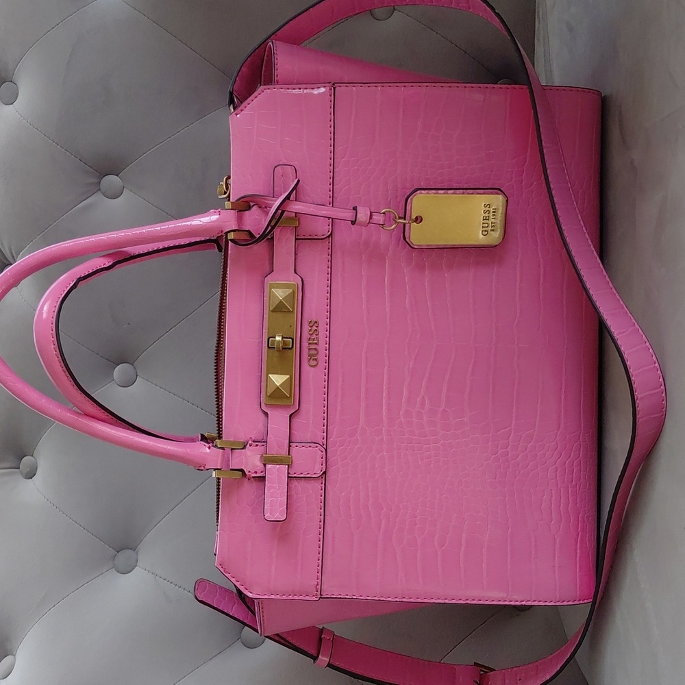 GUESS Pink Croc-Embossed Satchel